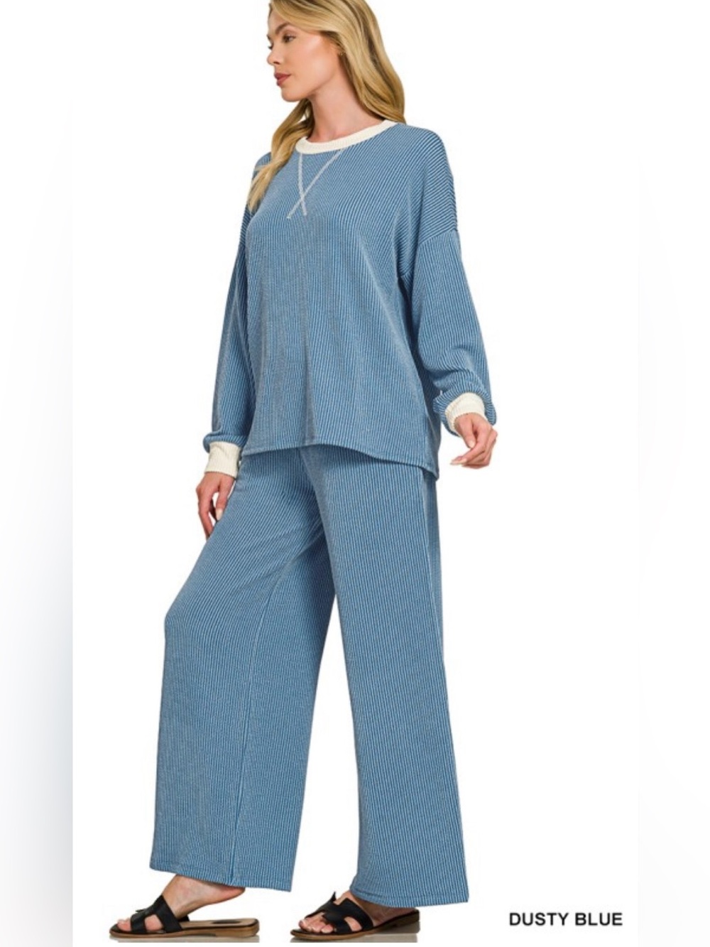 Zenana Outfitters Dusty Blue Rib-Knit Lounge Set with Cream Trim